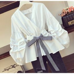 Korean Elegant Casual Blouse Women 2021 Spring Puff Sleeve Bow Tie Up Striped Blouse V-neck Striped/White Shirt Tops