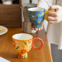 Mugs 220ml Hand Painted Daisy Ceramic Coffee Mug With Handle Korean Style Floral Milk Tea Cup Microwave Safe