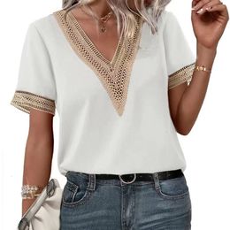 Womens TShirt Vneck Lace Loose Tops Office Temperament Commuting Short Sleeved Shirt Female Casual Summer Top Fashion Woman Clother 230720