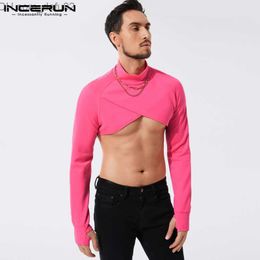 Men's Sweaters Handsome men's crop top with long sleeves and high neck fashionable cross design clothing zippered shirt bottom top S-5XL Z230721