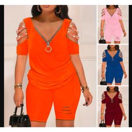 Women's Tracksuits Casual Two Piece Set Women Outfit Summer Short Sleeve Daily Suit Rhinestone Cold Shoulder Top & High Waist Shorts