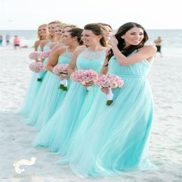 Fashion Light Turquoise Bridesmaids Dresses Plus size Beach Tulle Cheap Wedding Guest Party Dress Long Pleated Evening Gowns233r