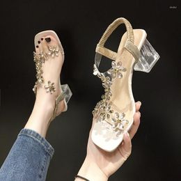 Dress Shoes Summer Women's Sandals PVC Crystal Flower Embellished Block Heel Back-toe Elastic Band Elegant Fashion