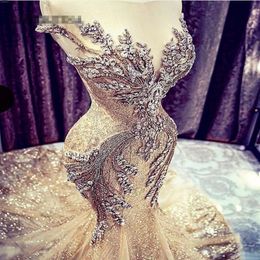 2K19 Gold Prom Dresses Mermaid African Evening Gowns Sheer Jewel Beaded Backless Modest Formal Party Special Occasion Dress2445