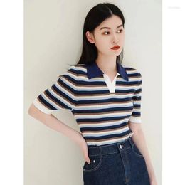 Women's T Shirts Fashion Polo Collar Spring Thin Section Fine Cotton Striped Pullover Ladies Casual Knitted Shirt