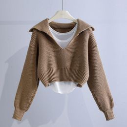 Women's Sweaters 2023 Autumn Winter Women Set Fashion Knit Sweater Vintage Lapel Collar Long Sleeve Female Pullovers Short Solid Tops Q13