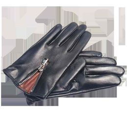 Italian men's leather gloves unlined touch screen luxury drive fashion zipper black273R