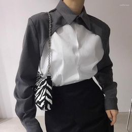 Women's Blouses Autumn Polo Collar Contrast Patchwork Design Loose Shirt For Women Single Breasted Long Sleeve Blouse Female Top Y583