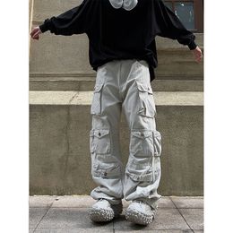 Men s Pants Street White Multi pocket Overalls Harajuku Style Loose Casual Trousers Straight Mopping Autumn 230721