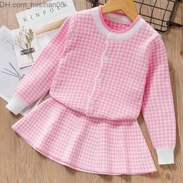 Clothing Sets Girls Autumn Dress Winter Kids Girl Party Long Sleeve Knitted Top+Skirt Plaid Cute Children Knitwear 2pcs 210429 Z230721