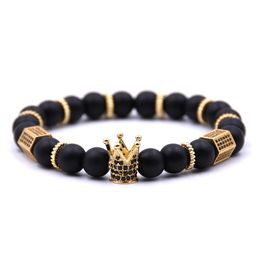 8mm Frosted stone Metal Crown Bracelet For Women Beaded Bracelet Men Vintage Charm Jewellery For Boys Drop270S