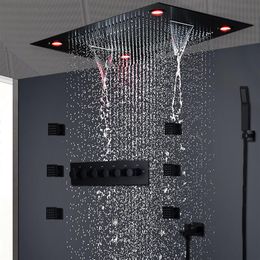 Modern Matt Black Shower Set Concealed Ceiling Massage Large Rain Waterfall Shower Panel Head Thermostatic High Flow Shower2491