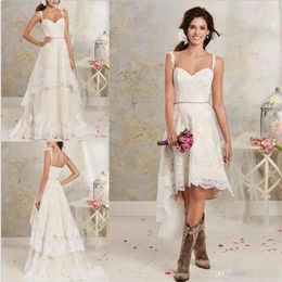 2019 New Sexy Two Pieces Wedding Dresses Spaghetti Lace A Line Bridal Gowns With Hi-Lo Short Detachable Skirt Country Bohemian Wed292p