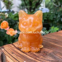 Yellow Calcite Sitting Cat Statue Carving Home Decor Healing Natural Quartz Crystal Stone Lucky Animal Sculpture Display Feng Shui Abundance Gift for Prosperity