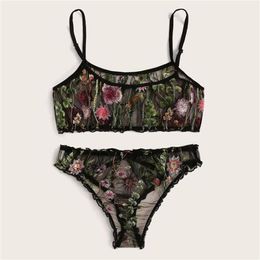 Women's Sexy Lingerie Set Floral Embroidered Sheer Mesh Bra Panty 2 Piece Nightwear Set 2020 New335S