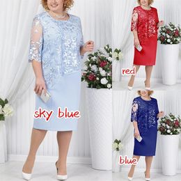 2022 Sheath Lace Short Mother Of The Bride Dress plus Size Half Sleeve Marriage Party Knee Length Jewel Neck Chic Woman Evening Dr240G