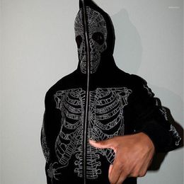 Men's Hoodies Y2K Full Zip Up Men's Skeleton Graphic Oversized Sweatshirt Gothic Punk Long Sleeve Winter Male Jacket Coat Streetwear