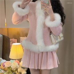 Work Dresses Sweet Girl Winter Fashion Pink 2 Piece Dress Suit Feather Fur Hem Warm Coat&Pleated Mini Skirt Sets Celebrity Lady 2pc Outfits