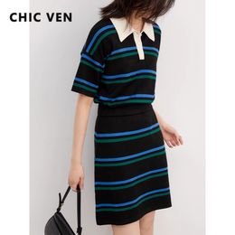 Basic Casual Dresses CHIC VEN Women s Loose Polo Collar Contrast Stripe Knit Dress Short Sleeve Office Lady Clothing 2023 Summer 230720