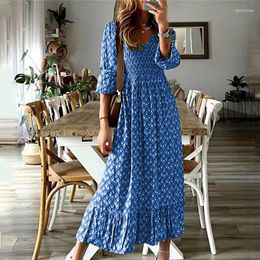 Party Dresses Vintage Long Dress Women Clothing Summer Print Boho Beach Birthday Slim Fit Pleated Short Sleeve Robe