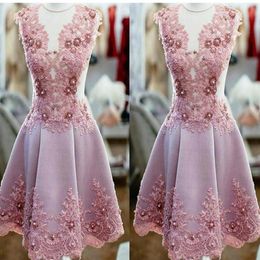 Romantic Blush Pink Sheer Neck Homecoming Prom Dress Short Cap Short sleeve Beaded Lace Applique Cheap Party Graduation Cocktail D278F