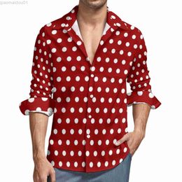 Men's Casual Shirts White Polka Dot Casual Shirts Men Dark Red Shirt Long Sleeve Novelty Funny Blouses Autumn Printed Clothing Plus Size L230721