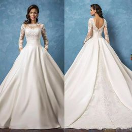 Amelia Sposa Lace Wedding Dresses 2022 with Pockets Long Sleeves Jewel Neck Sweep Train Stain A Line Bridal Gowns262s