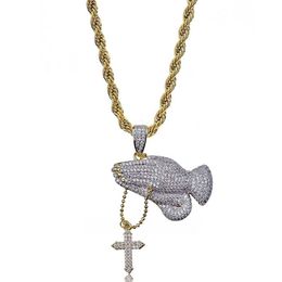 Hip Hop Brass Gold Colour Iced Out Micro Pave CZ Praying Hands Cross Pendant Necklace Charm For Men Women324f