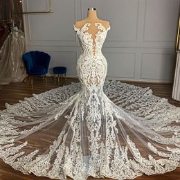2021 Plus Size Árabe Aso Ebi Luxuosos Vestidos de Noiva Sereia Vintage Renda Frisada Decote Transparente Vestidos de Noiva Sexy Vestidos de Noiva315r