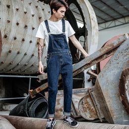 2020 New Men's Harajuku Denim Overalls Men's Korean Version of the Self-cultivation feet Stretch jeans Strap Blue Trouse307p