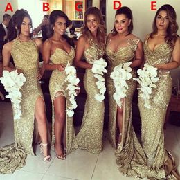 Sparkly Bling Gold Sequined Mermaid Bridesmaid Dresses Backless Slit Plus Size Maid Of The Honor Gowns Wedding Dress2516