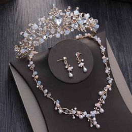 Noble Crystal Beads Pearl Gold Bridal Sets Rhinestone Diadem Tiaras Necklace Earrings Baroque Crown Wedding Jewellery Set243A