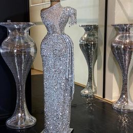 aso ebi arabic silver sparkly sexy evening dresses beaded crystals prom dresses sheath sequined formal party second reception gown249L