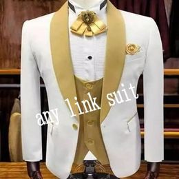 Popular One Button Ivory Groom Tuxedos Gold Shawl Lapel Groomsmen Mens Suits Wedding Prom Dinner Blazer Jacket Pants Vest Tie K5296T