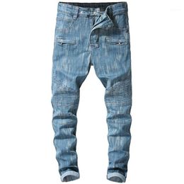 Sokotoo Men's blue stretch denim biker jeans for motorcycle Plus size slim pleated pants1308s