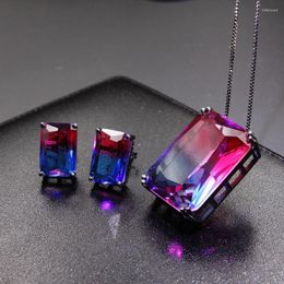 Necklace Earrings Set Square Drop For Women Fashion Jewellery Multicolor Nature Stone Crytal Glass Stud And Pendant