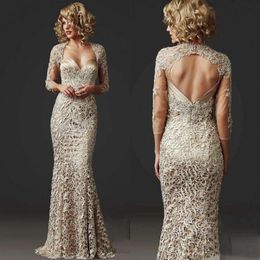 Custom Made Vintage Full Lace Mermaid Mother of the Bride Dresses Long Sleeve Formal Champagne Evening Gowns Club Dress236m