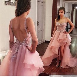 Dusty Pink High Low Prom Dresses Organza Exposed Boning Backless Evening Dress Sexy Custom made Spaghetti Straps Cocktail Party Go297g