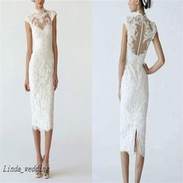 White Lace Knee Length Wedding Dress Wedding Sheath Column High Neck Pencil Dress Bridal Gowns265b