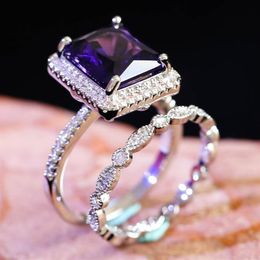 2pcs set Luxury Women's Wedding Rings Large Purple Square Stone Crystal Engagement Party Couple Jewellery Accessories Gift296n