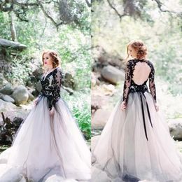 Vintage Black And White Wedding Dresses Bridal Gowns 2022 Gothic Country Deep V Neck Long Sleeves Beach Boho Bride dress2736