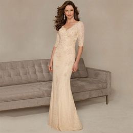 New Champagne Mother of the Bride Dresses Long Elegant Beaed Sequined Pleats V-Neck Mermaid Groom Wear Half Sleeve Lace Formal Gow328e