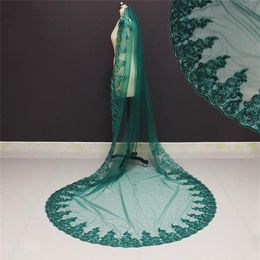 Real Pos 3 Metres One Layer Sequined Lace Edge Green Wedding Veil with Comb Beautiful Bridal Veil NV71002716