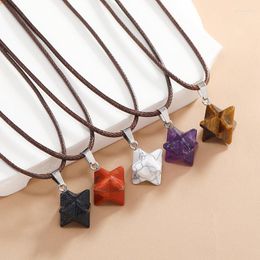 Pendant Necklaces Trendy Hexagram Shape Natural Stone Crystal Opal Lava Quartzs Necklace For Women Men Brown Leather Rope Chain