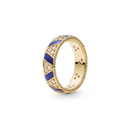 NEW 18K yellow gold plated Ring sets Original Box for Pandora 925 silver Blue Stripes & Stones Ring Women Mens Gift Jewelry RING279G