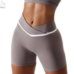 Womens Shorts Yushuhua High Waist Splice Colour Tight Yoga Shorts Women Elastic Quickdrying Run Sports Shorts Hip Lifting Gym Training Shorts 230720