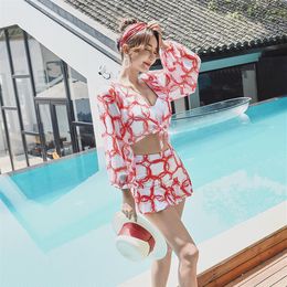 Spring Three Piece Swimsuit Women Conservative Split Skirt Sexy Small Chest Gather Thin Bikini Swim Wear173K