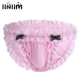 Whole-iiniim Panties for Mens Lingerie Sissy Maid Floral Lace Soft Bikini Briefs Underwear Underpamts Breathable Low-rise Unde243W