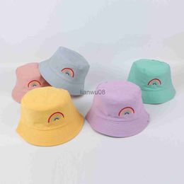 Caps Hats New Kids Hat Cap Rainbow Embroidered Boy Girl Fisherman Caps Korean Version Fashion SunBlock Folding Bucket Hats Child Bonnet x0810