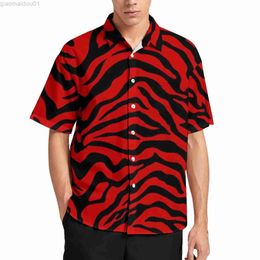 Men's Casual Shirts Black Red Zebra Stripe Loose Shirt Men Vacation Animal Print Novelty Casual Shirts Hawaii Design Short Sleeve Harajuku Blouses L230721